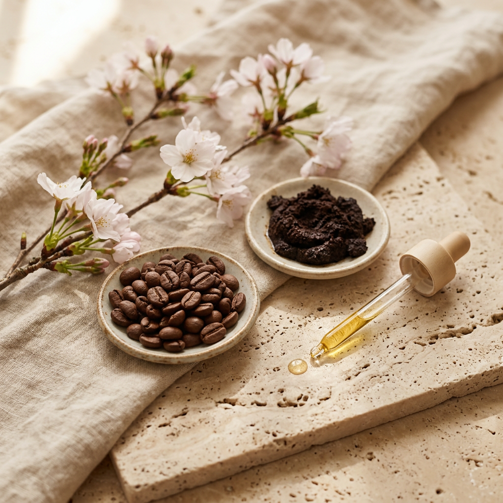 Koffiebonen, koffiedik, een pipet met gouden olie en kersenbloesems op natuursteen